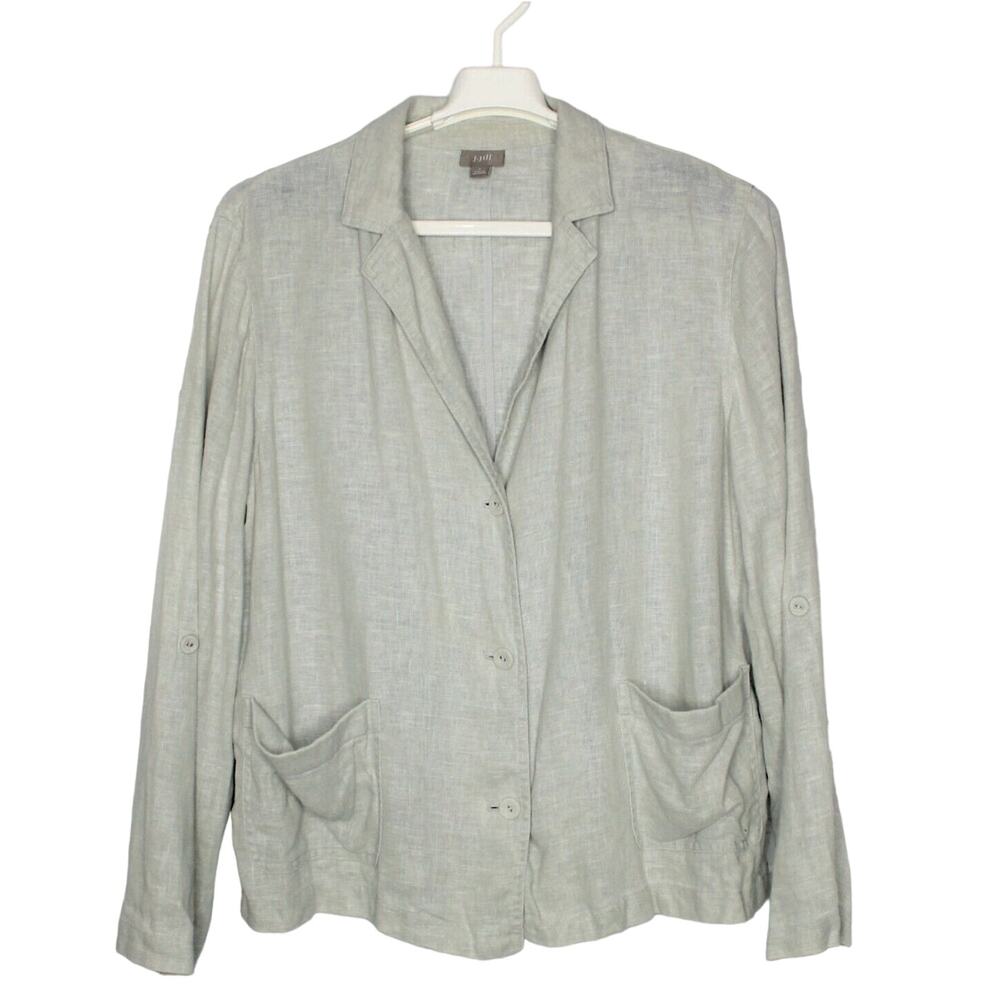 J. Jill Women’s Size Large Linen Light Green Gray Blazer Jacket Roll Tab Sleeve